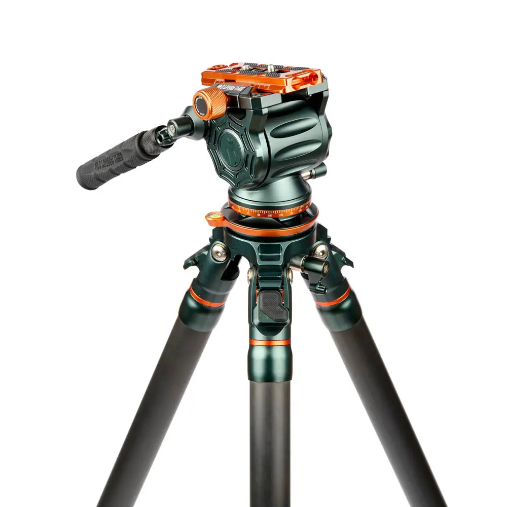 Camera tripod with green and orange accents on a white background