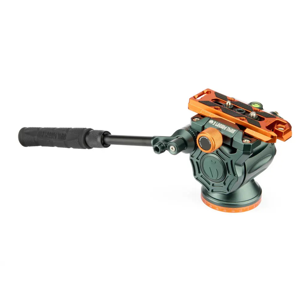 Camera pan and tilt head with orange and black design on a white background
