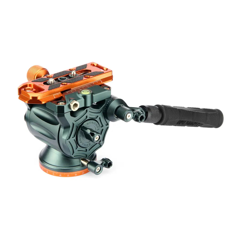 Camera head with orange and black design on a white background