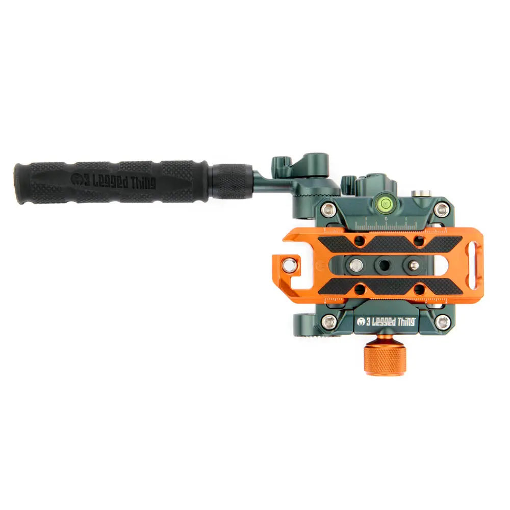 Camera stabilizer with orange and green design on a white background