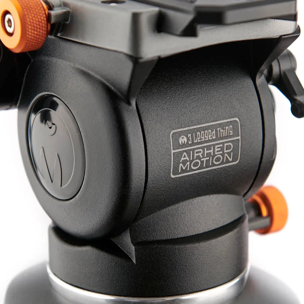 Close-up of a camera tripod head with '3 Legged Thing' branding on a white background