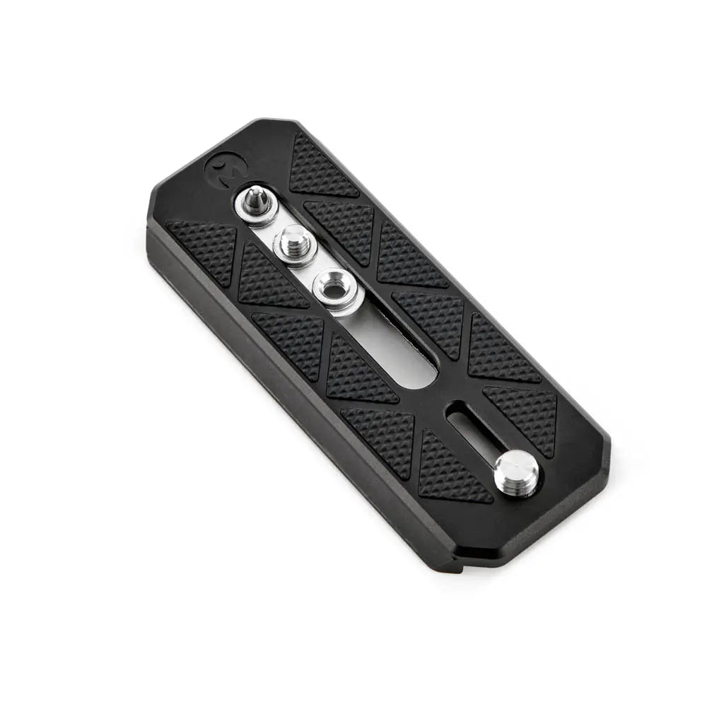 Black camera accessory with metal screws on a white background