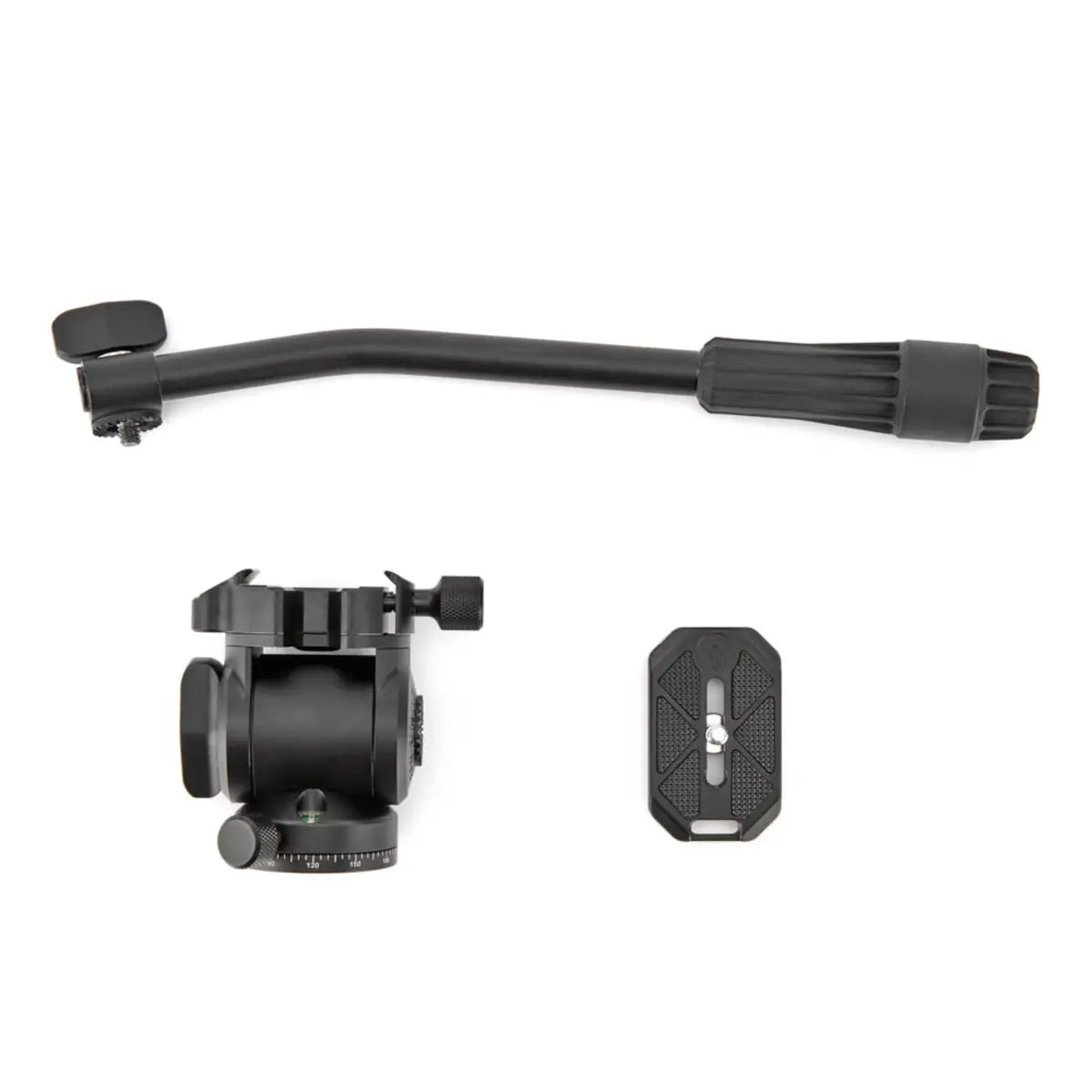 Black camera accessory set on a white background