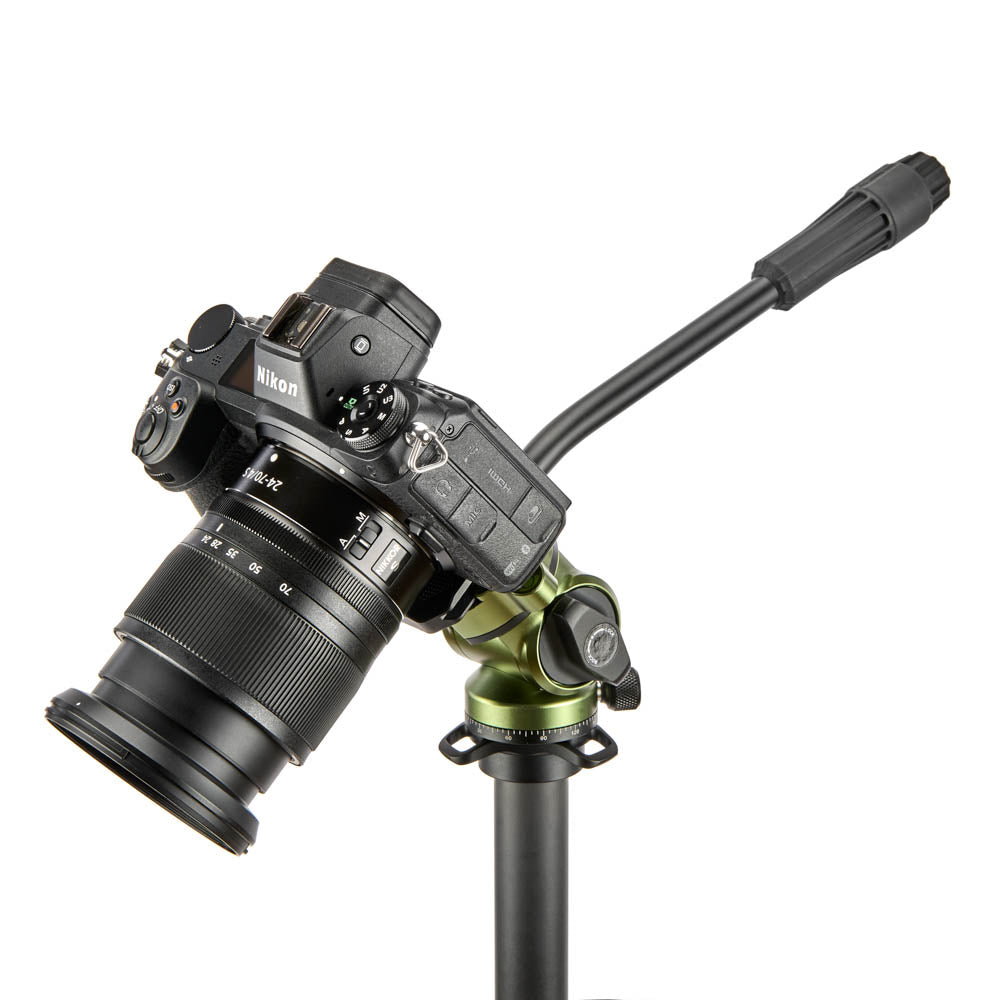 Nikon camera on a tripod with a white background