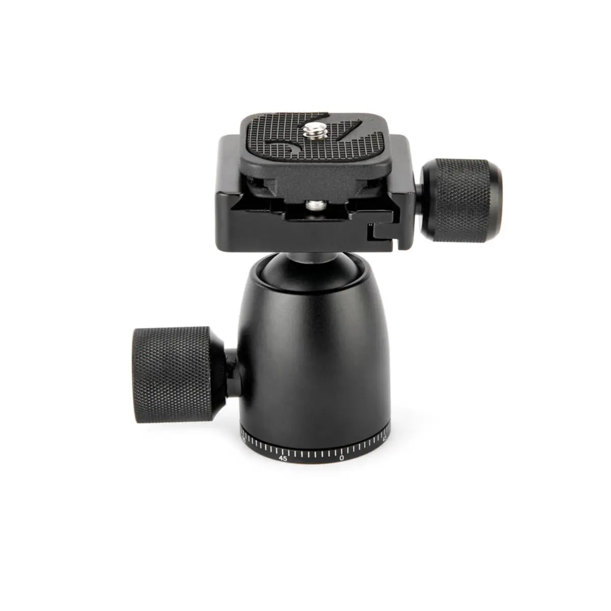Black camera tripod head on a white background