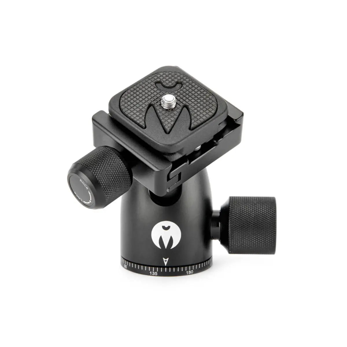 Black camera tripod head with brand logo on a white background
