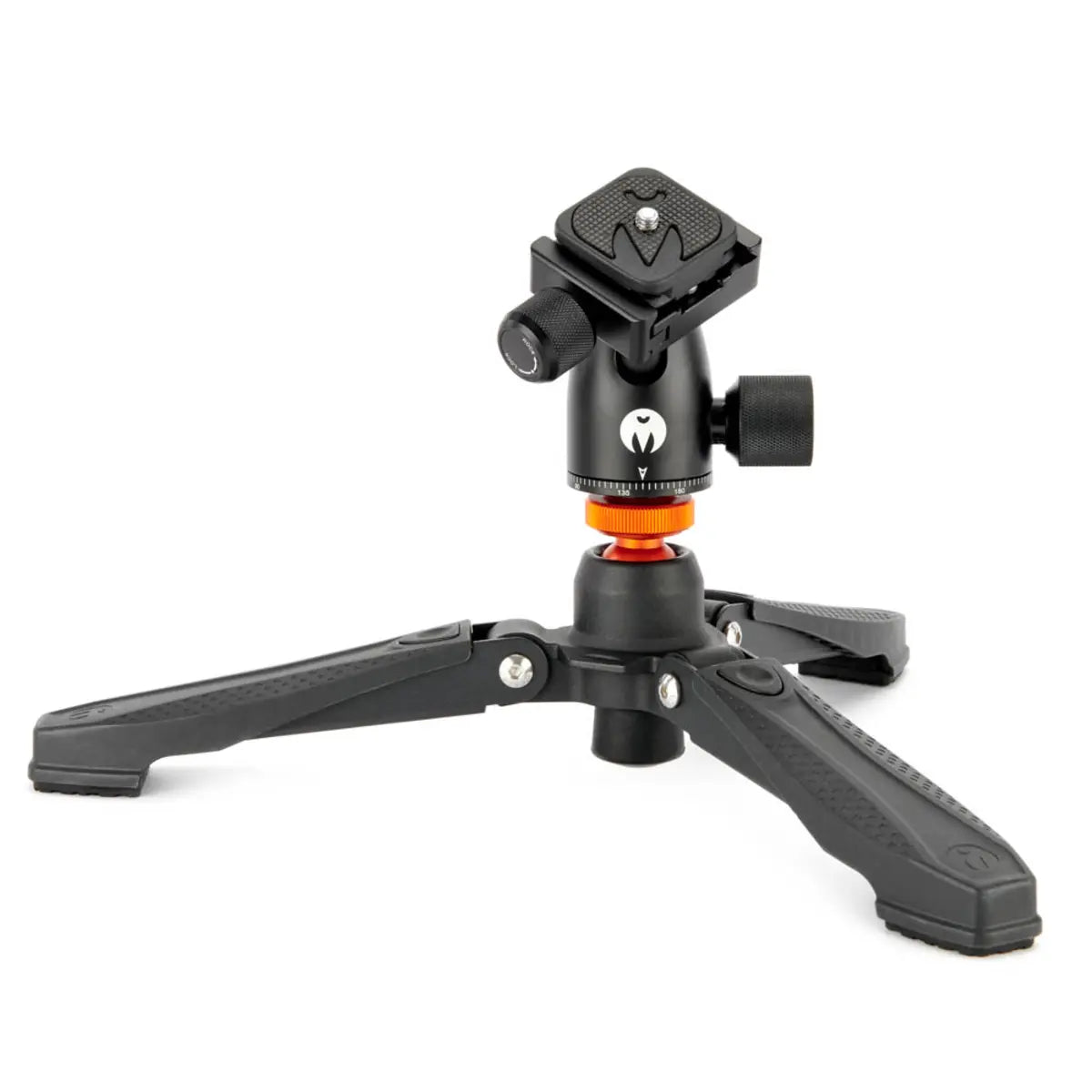 Black camera tripod with ball head on a white background