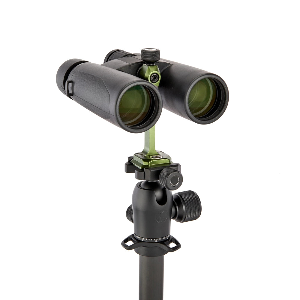 3 Legged Thing Binoz Binocular Mount Green with binoculars attached on tripod