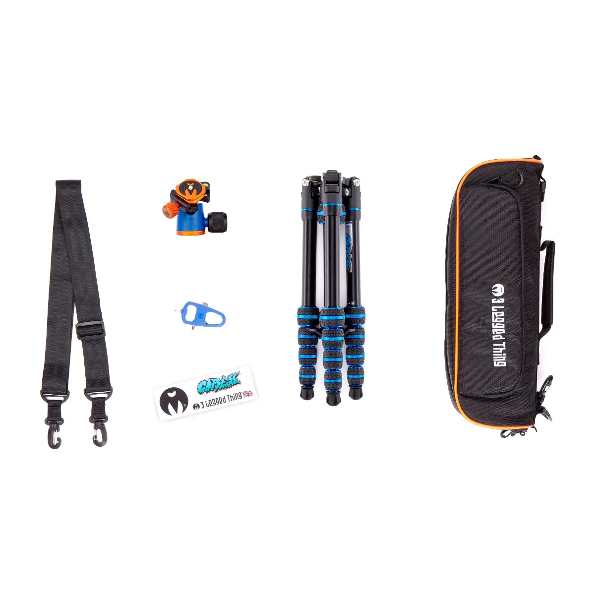 Camera accessories including a strap, camera bag, and tripod on a white background