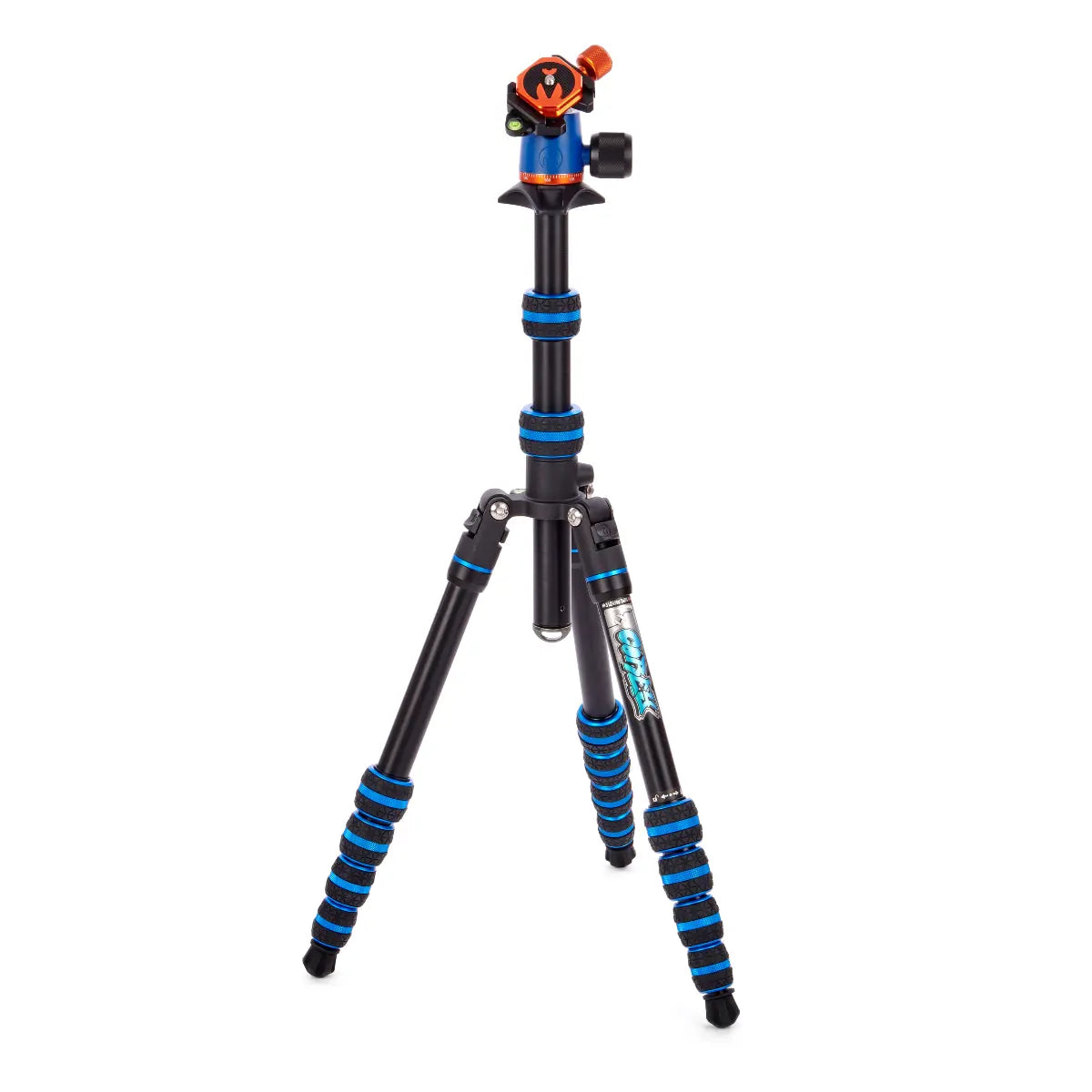Camera tripod with blue accents on a white background