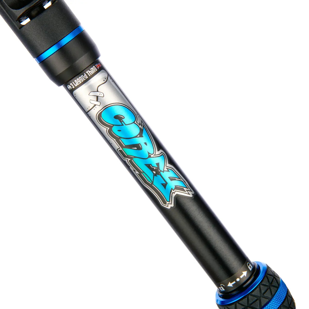 Close-up of a black suspension fork with blue accents and 'Quad' branding on a white background