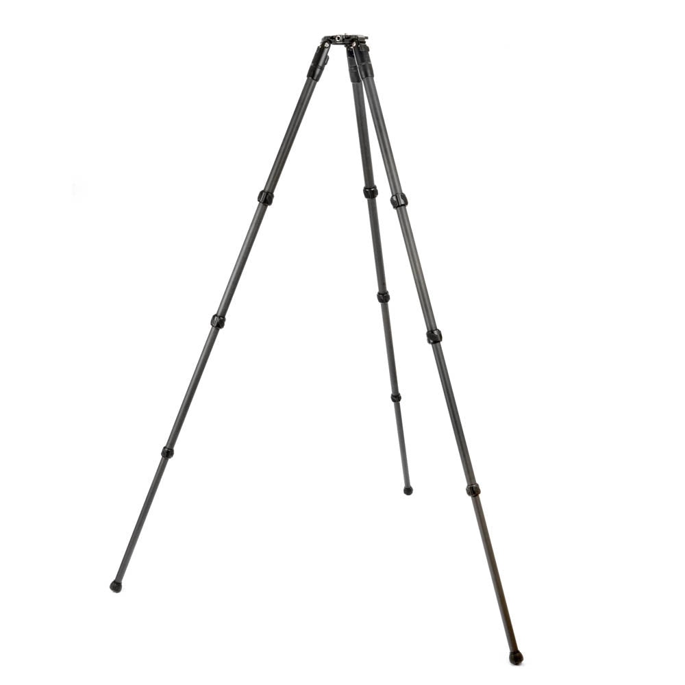 A black carbon fiber tripod with three adjustable legs, shown fully extended on a plain white background.