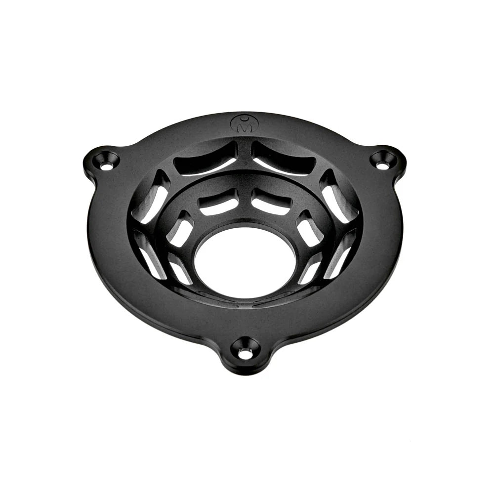 A black circular metal mounting plate with three screw holes and a cutout center, shown on a plain white background.