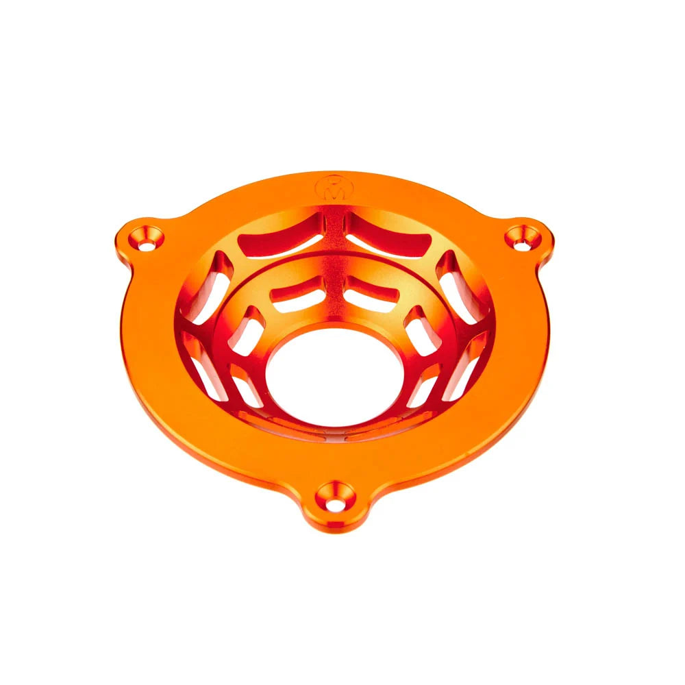 An orange anodized aluminum tripod leveling base with a circular design, featuring three mounting holes and a central cutout, shown on a plain white background.