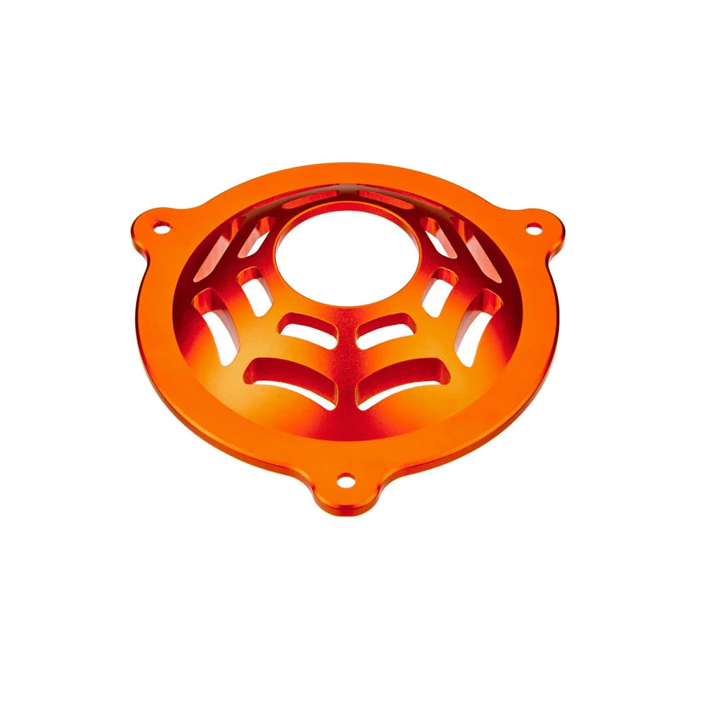 An orange anodized aluminum tripod leveling base with three mounting holes, shown on a solid white background.