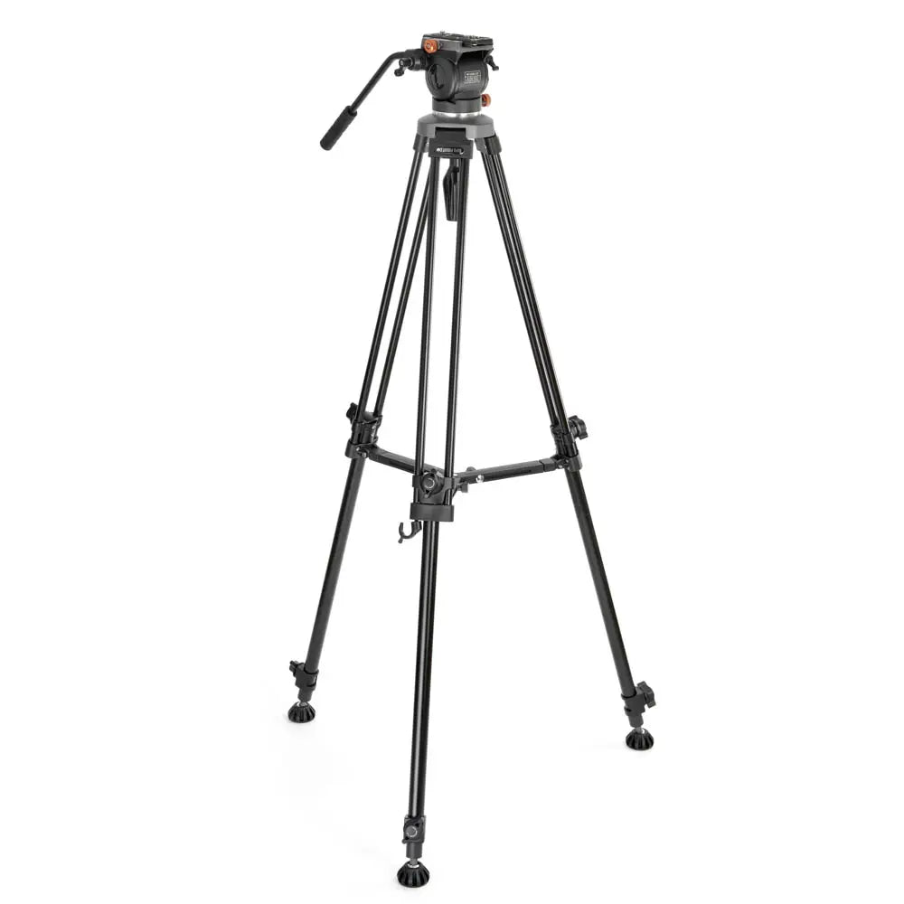 Black camera tripod on a white background