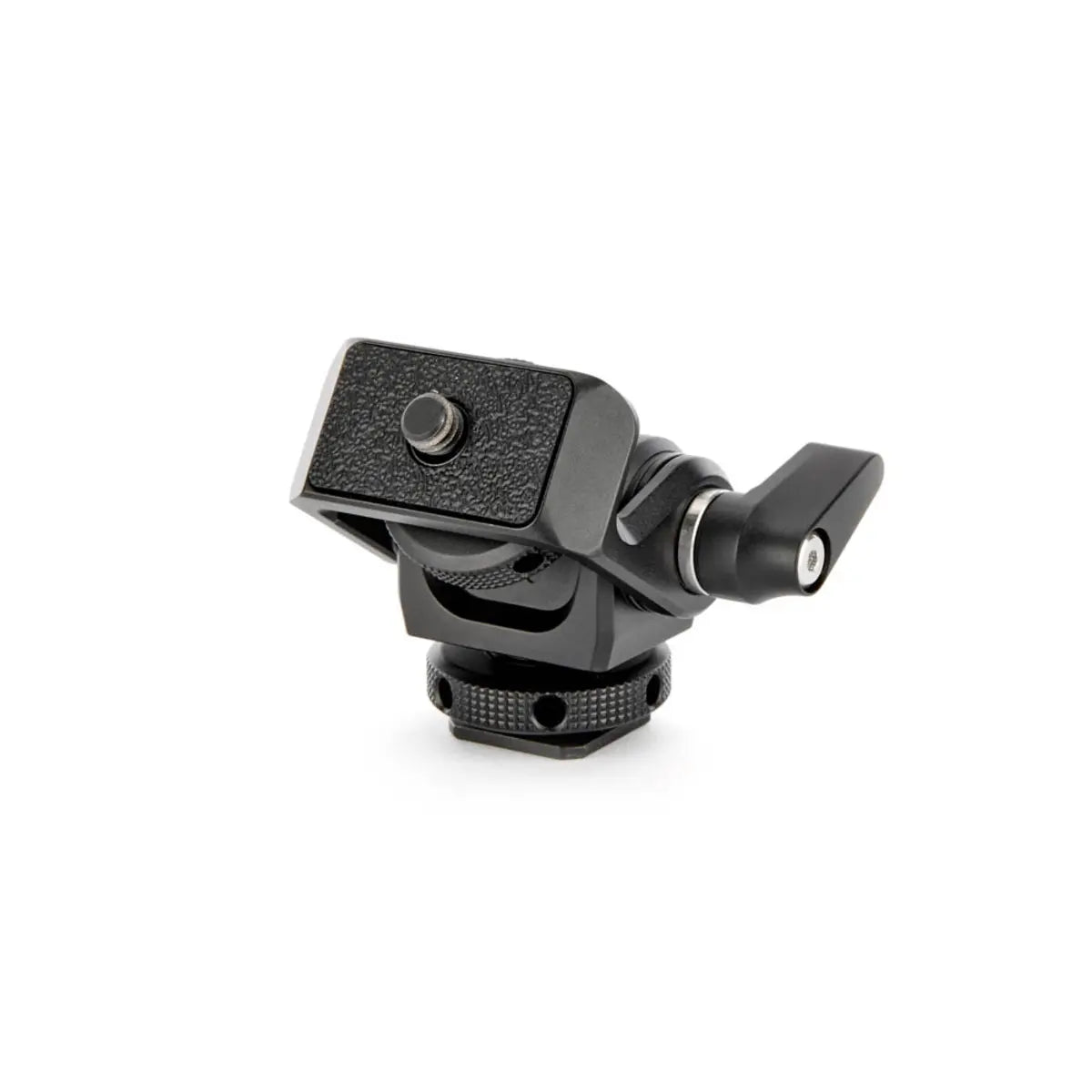 Black camera tripod head on a white background