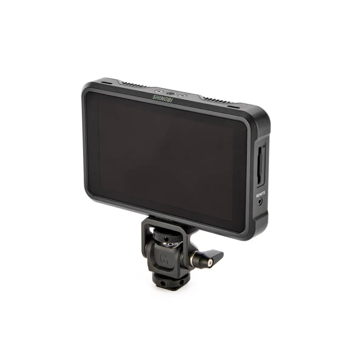 Black camera monitor with a tripod mount on a white background