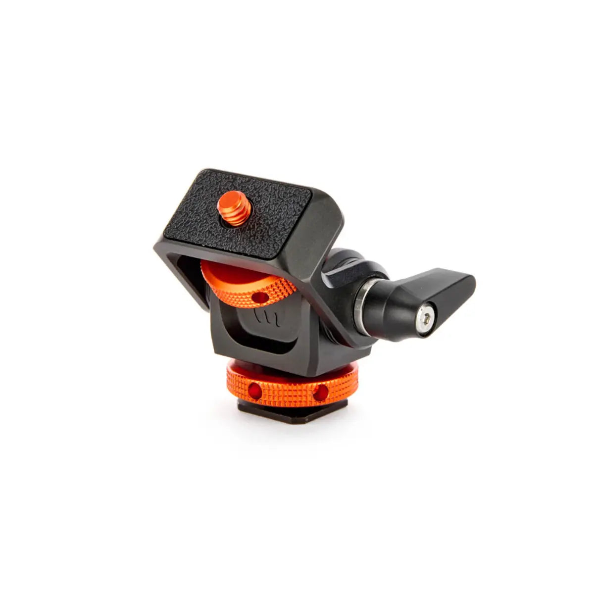 Camera tripod head with black and orange design on a white background