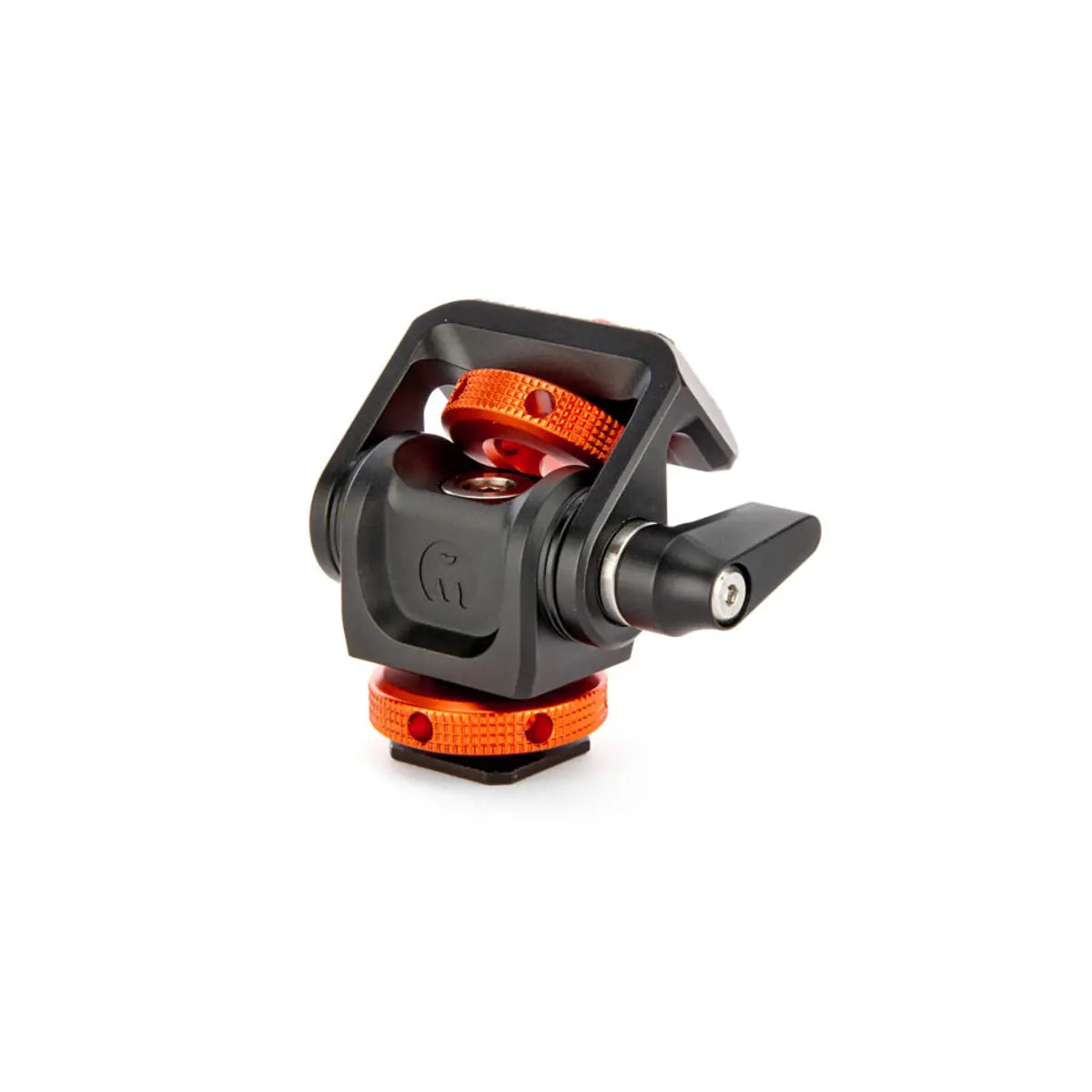 Black and orange mechanical component on a white background