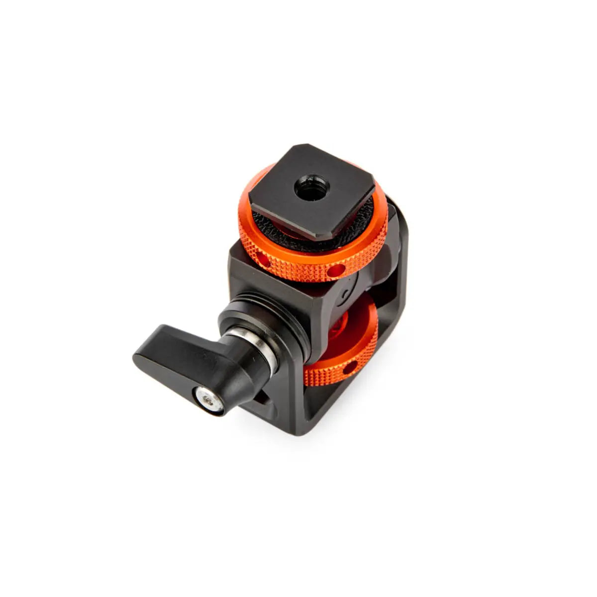 Black and orange camera mount on a white background