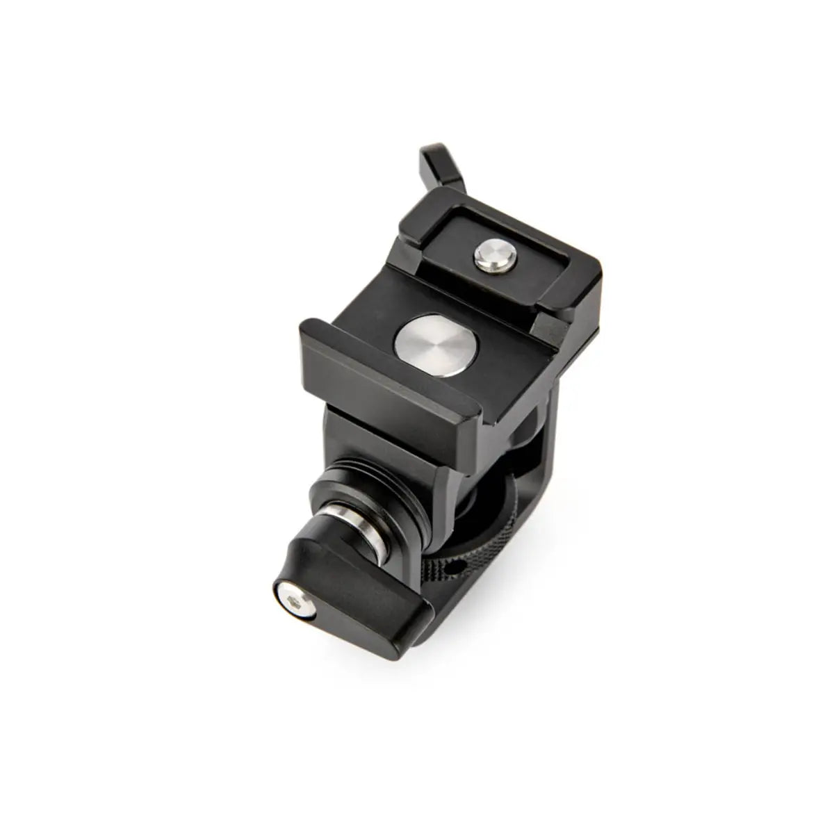 Black metal camera mount on a white background