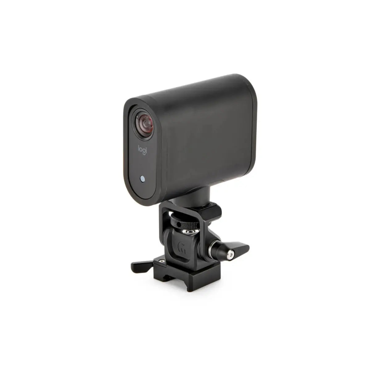 Black webcam with a mount on a white background