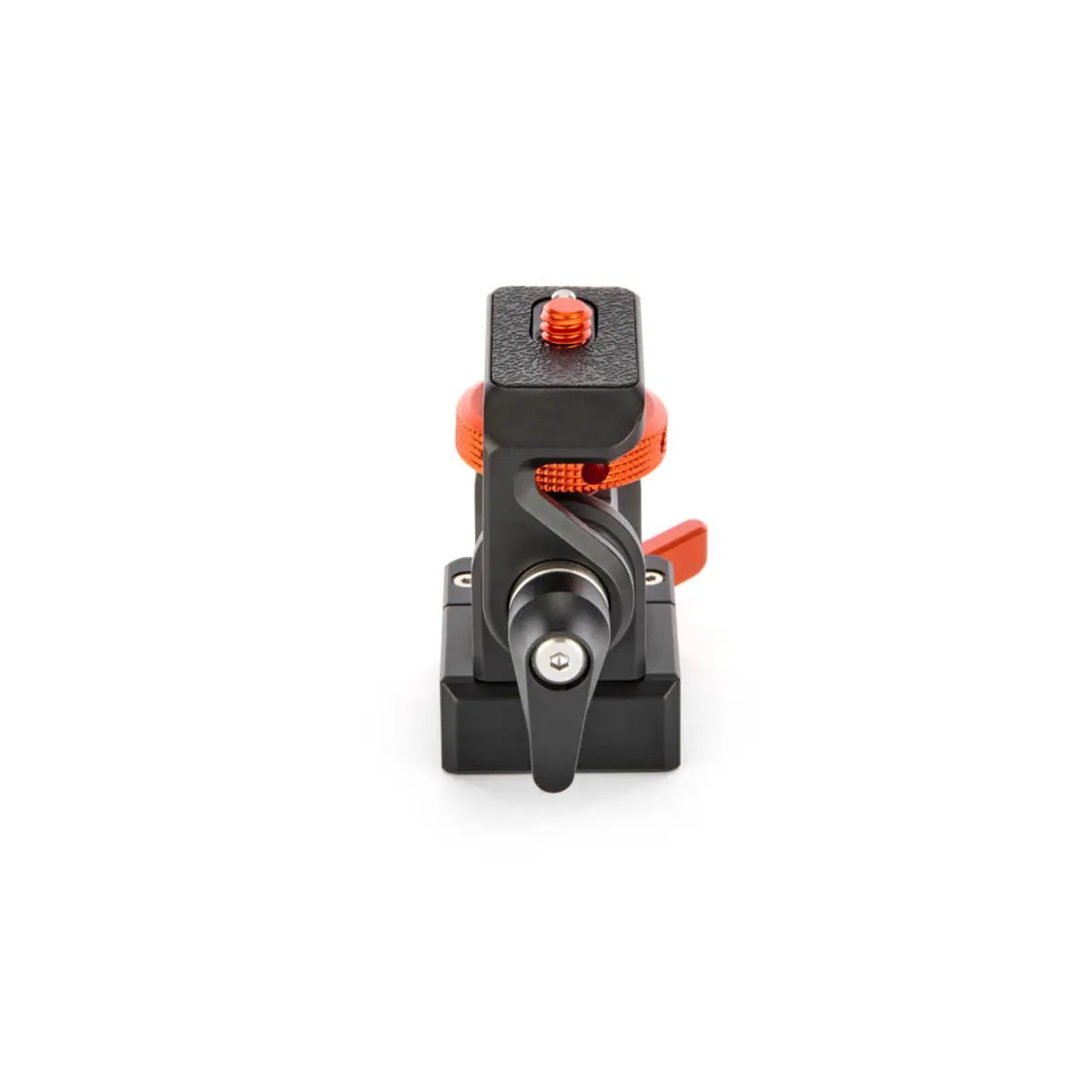 Camera quick release plate with black and orange design on a white background