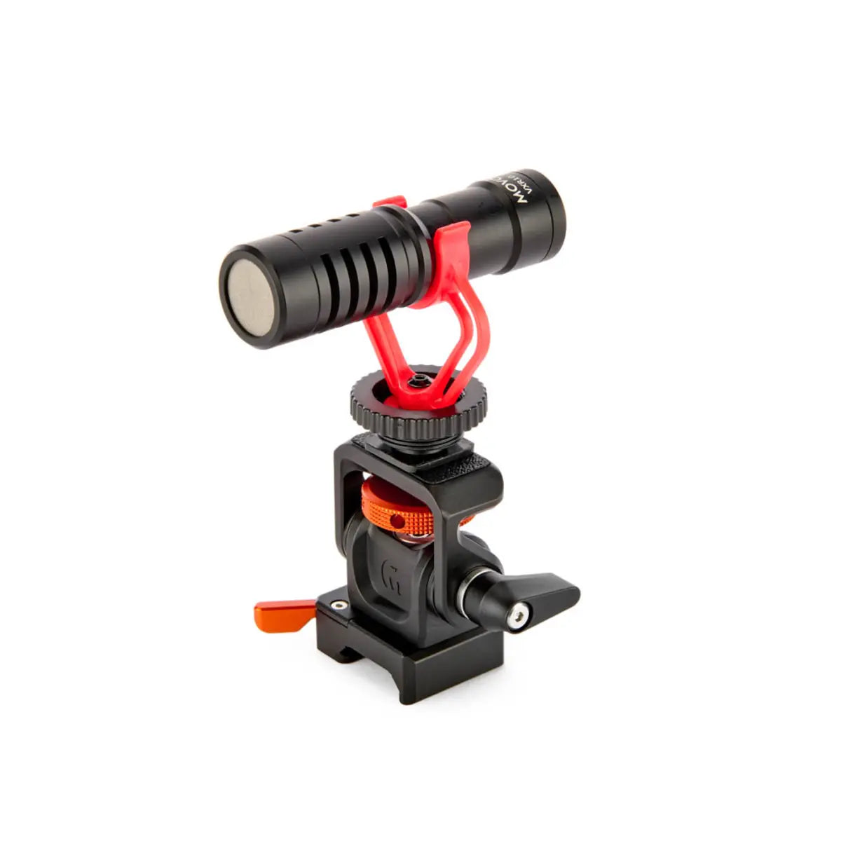 Camera microphone with red and black design on a white background