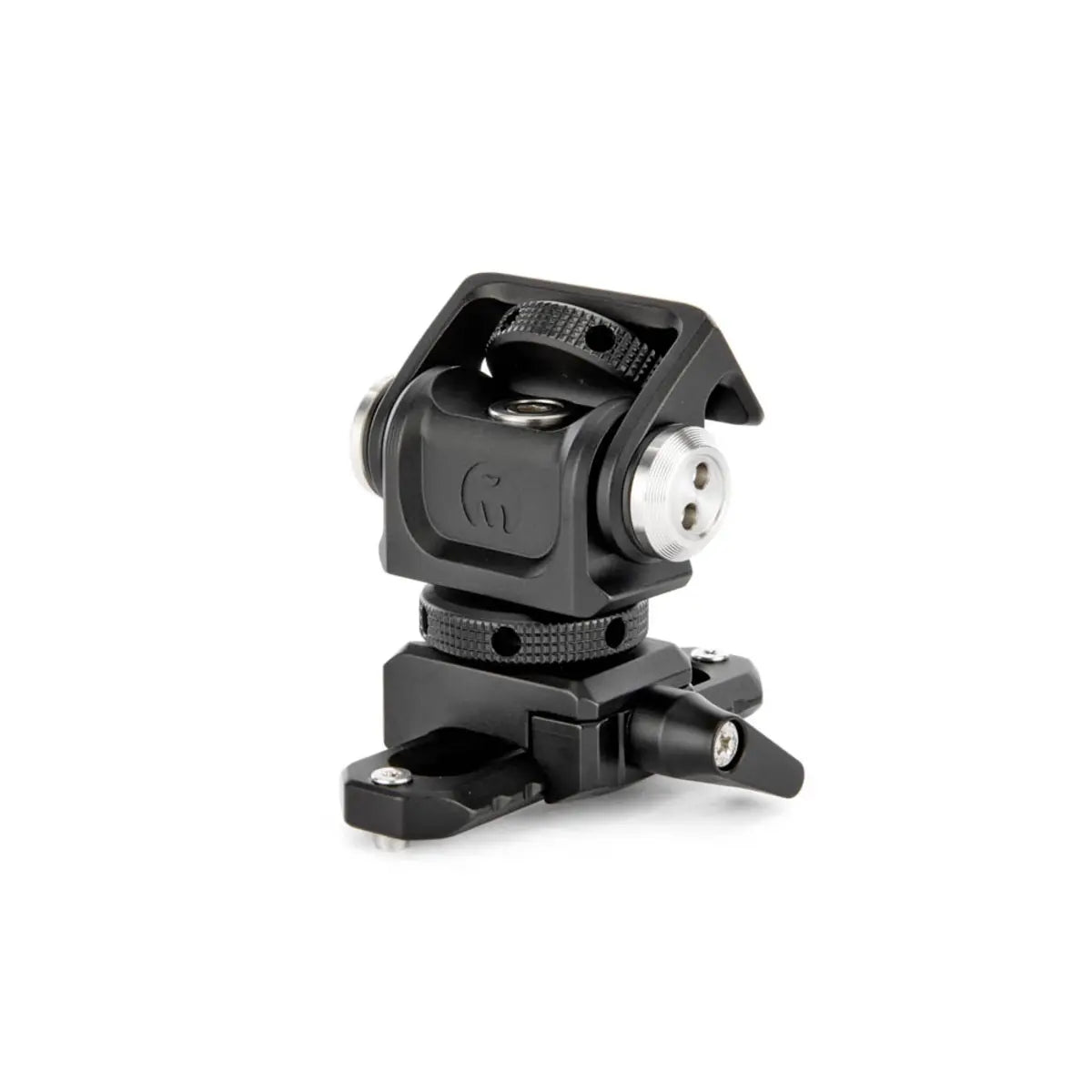 Black camera mount on a white background