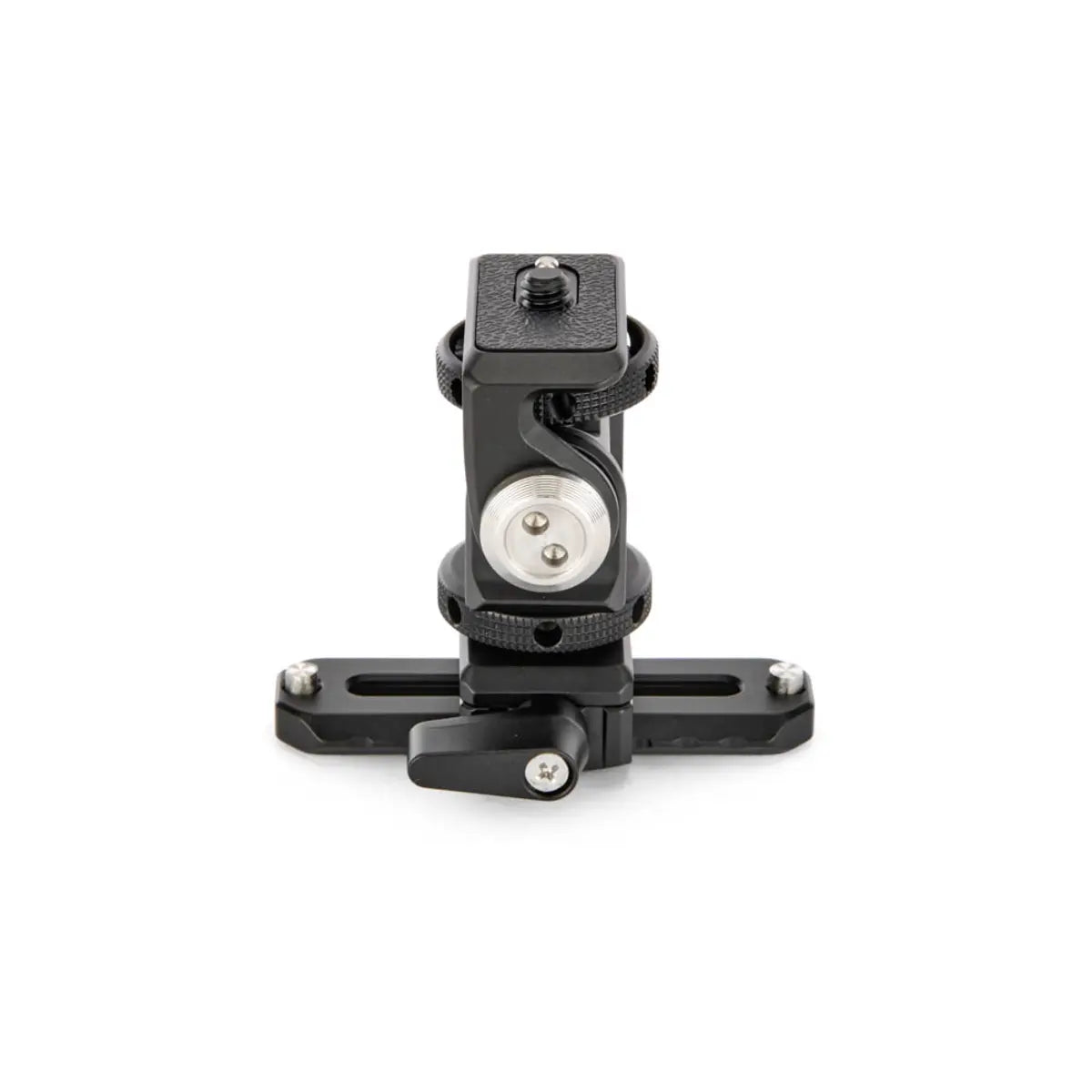 Black camera mount with a white background