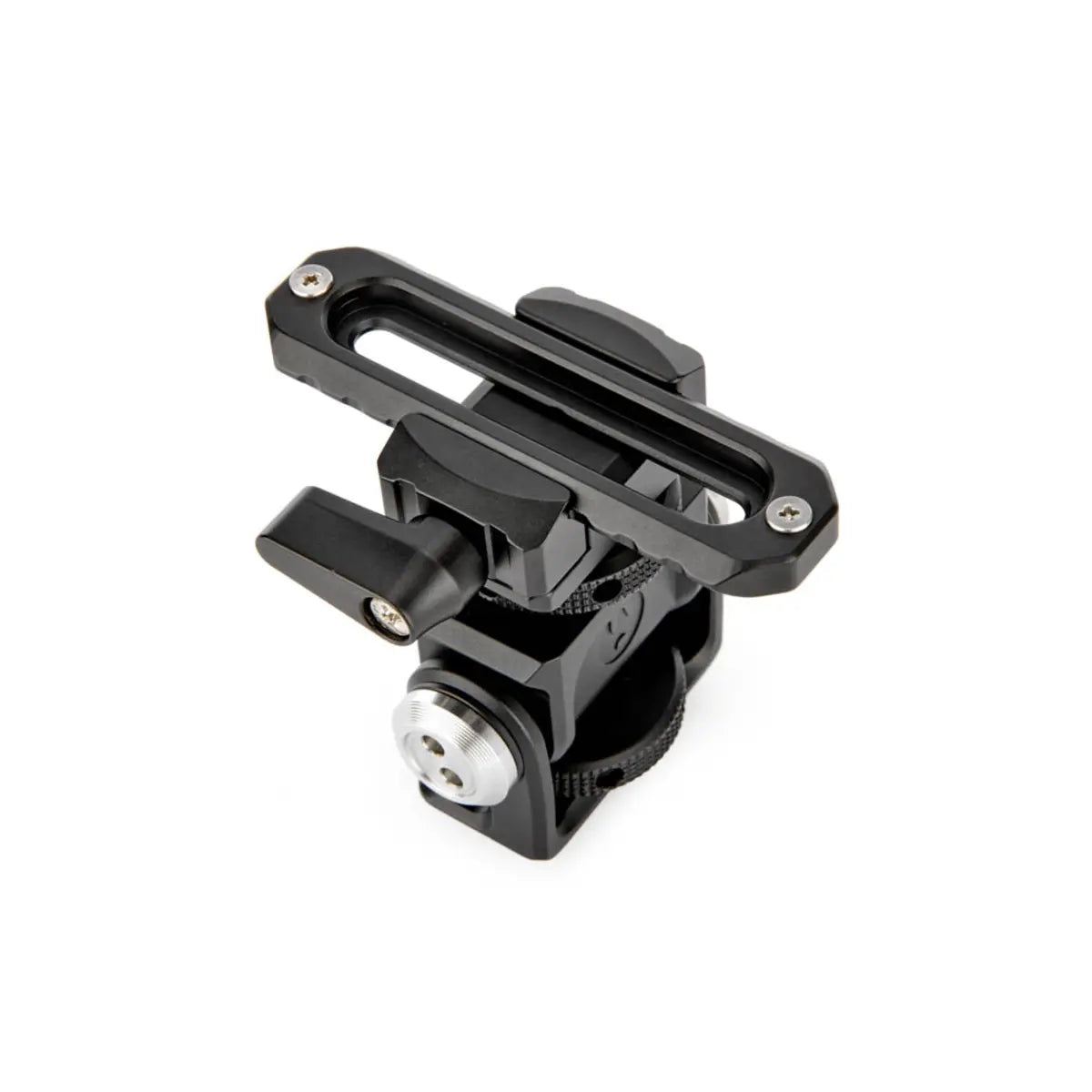 Black metal camera mount on a white background