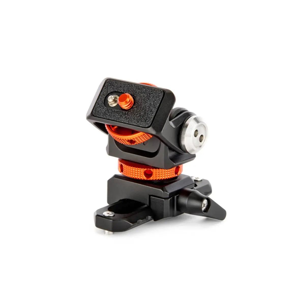 Camera mount with black and orange design on a white background