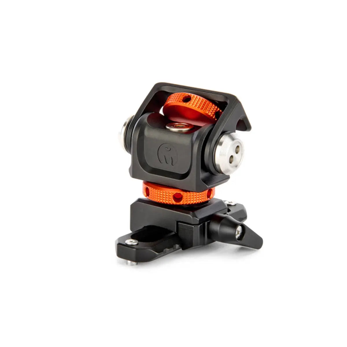 Camera mount with orange and black design on a white background
