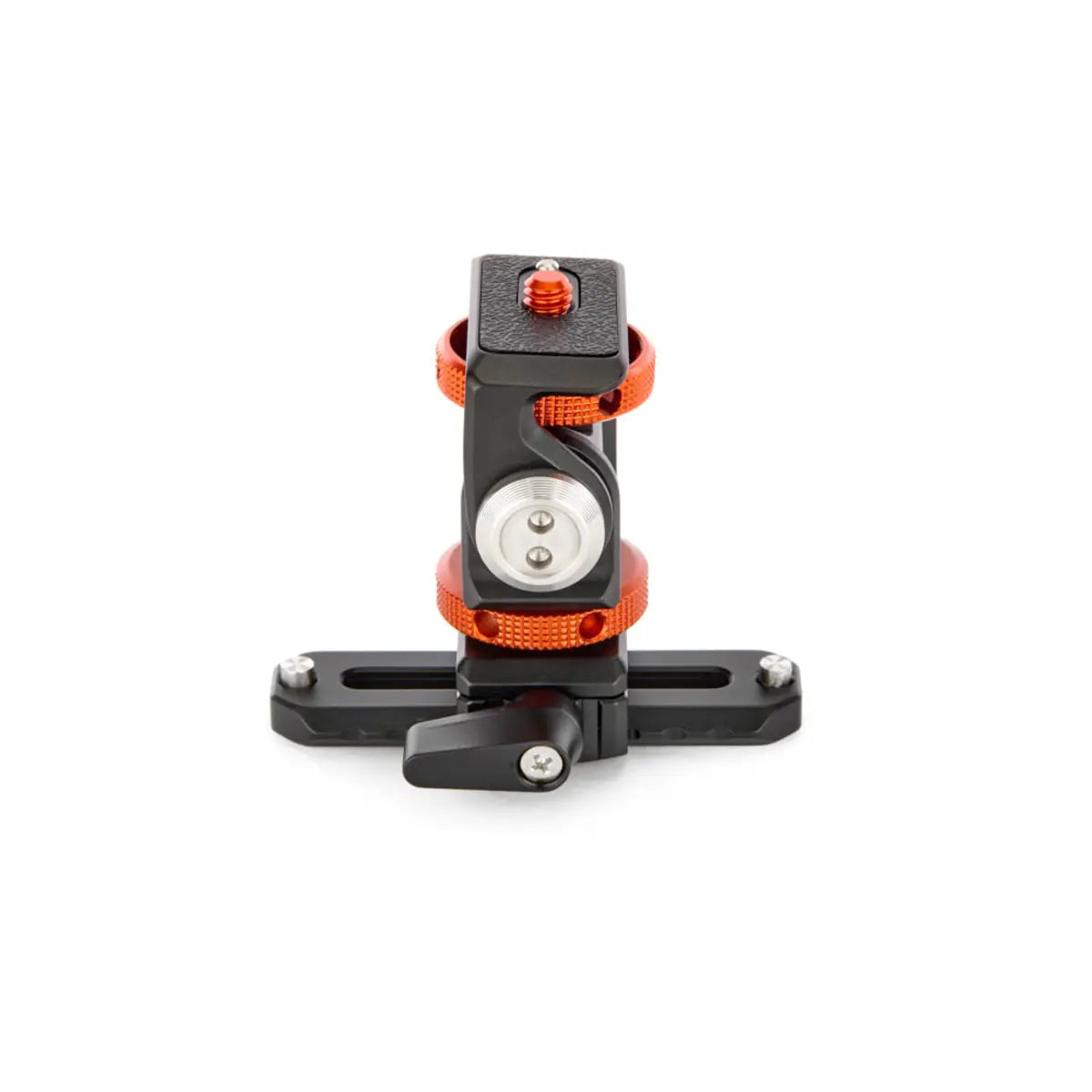 Camera accessory with black and orange design on a white background