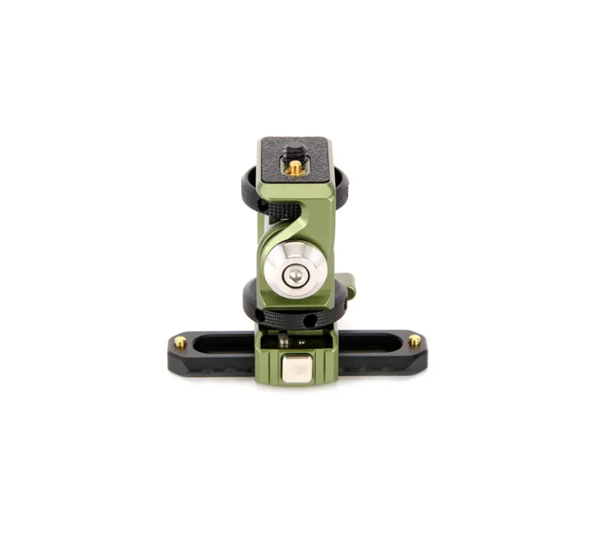 Green and black camera accessory on a white background