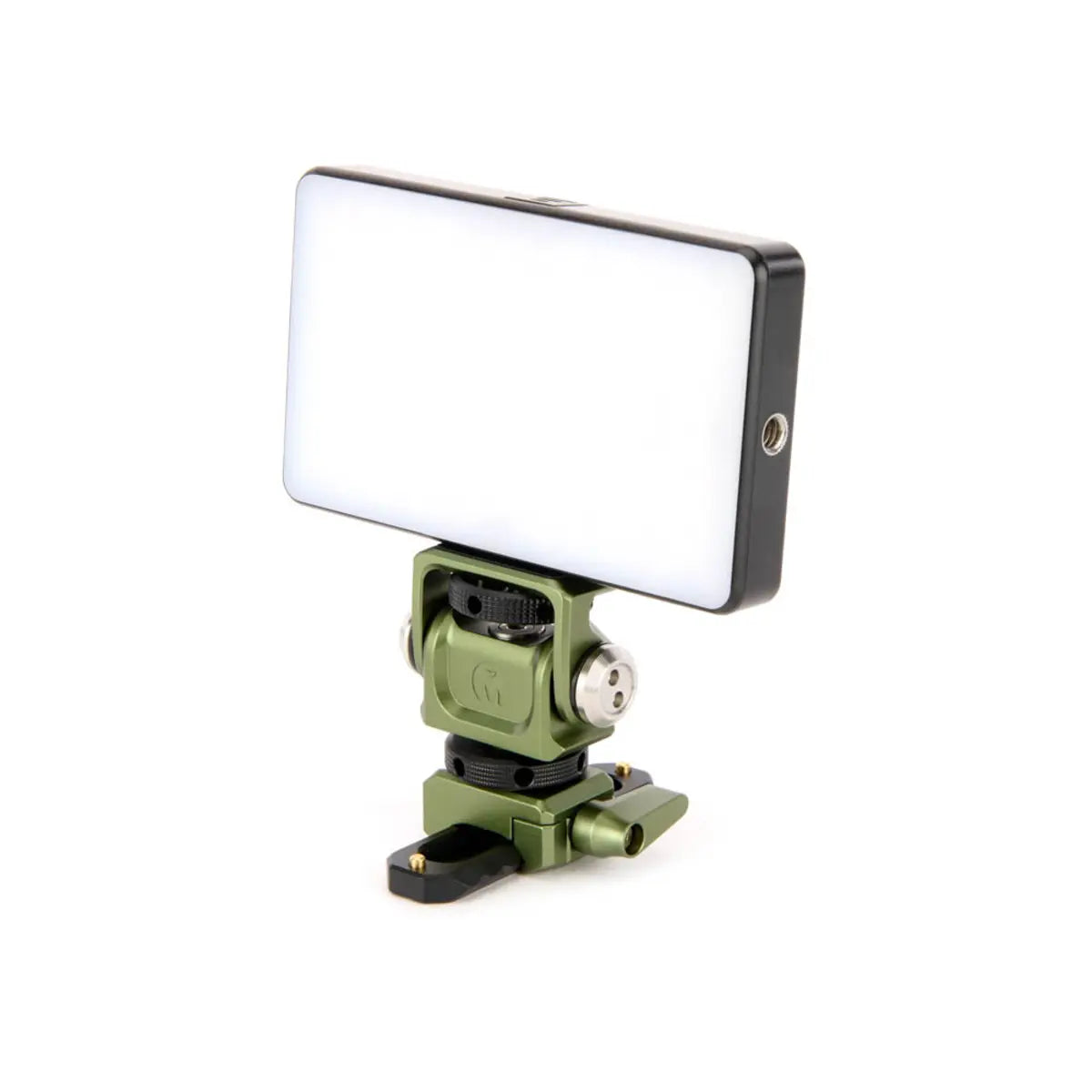 Camera light with green base and white panel on a white background