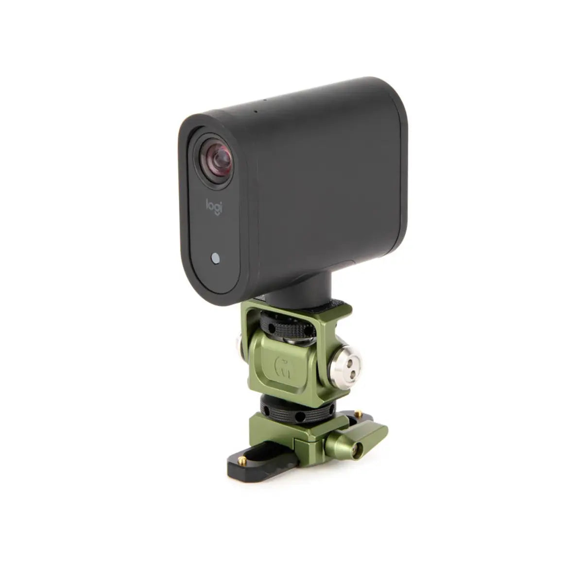 Camera with a green mount on a white background