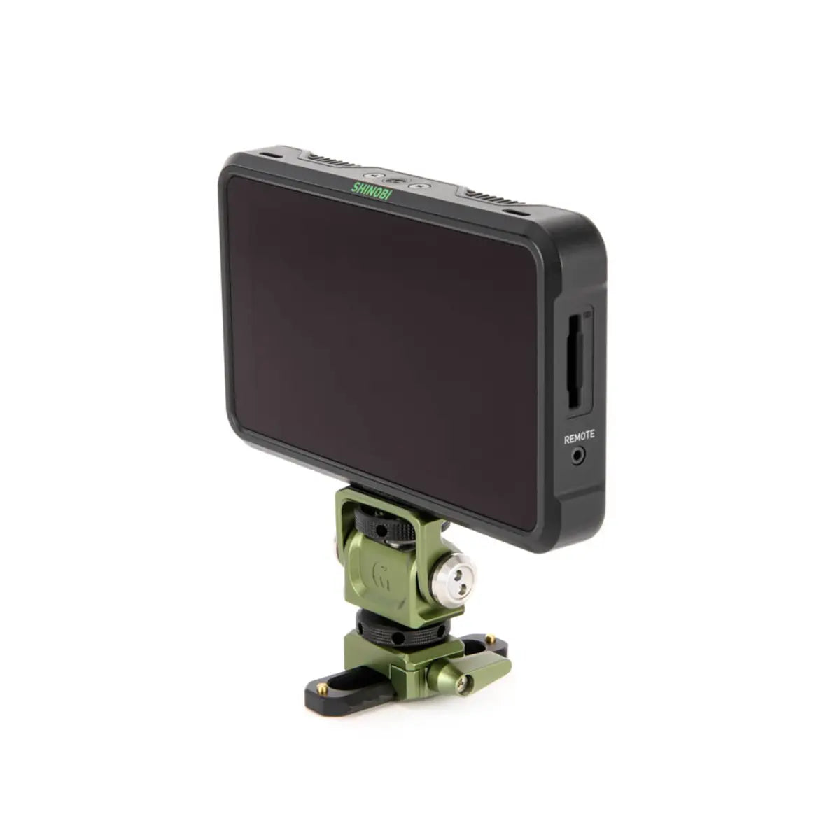 Small camera monitor with a green mount on a white background