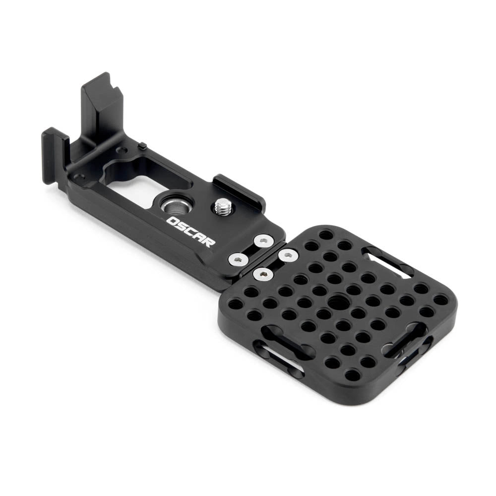 A black metal camera mounting bracket with a quick-release plate and a fold-out extension, featuring the brand name 'OSCAR' printed in white on the side, set against a plain white background.