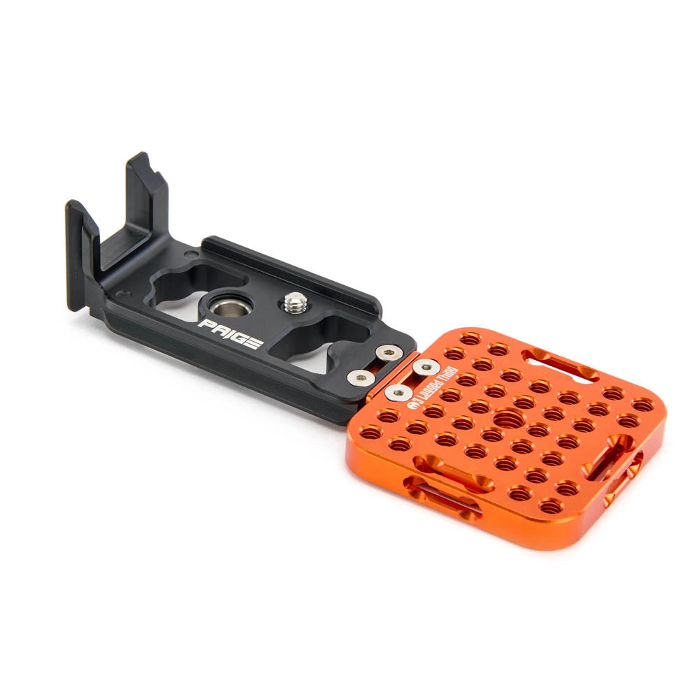 Black and orange metal bracket on a white background