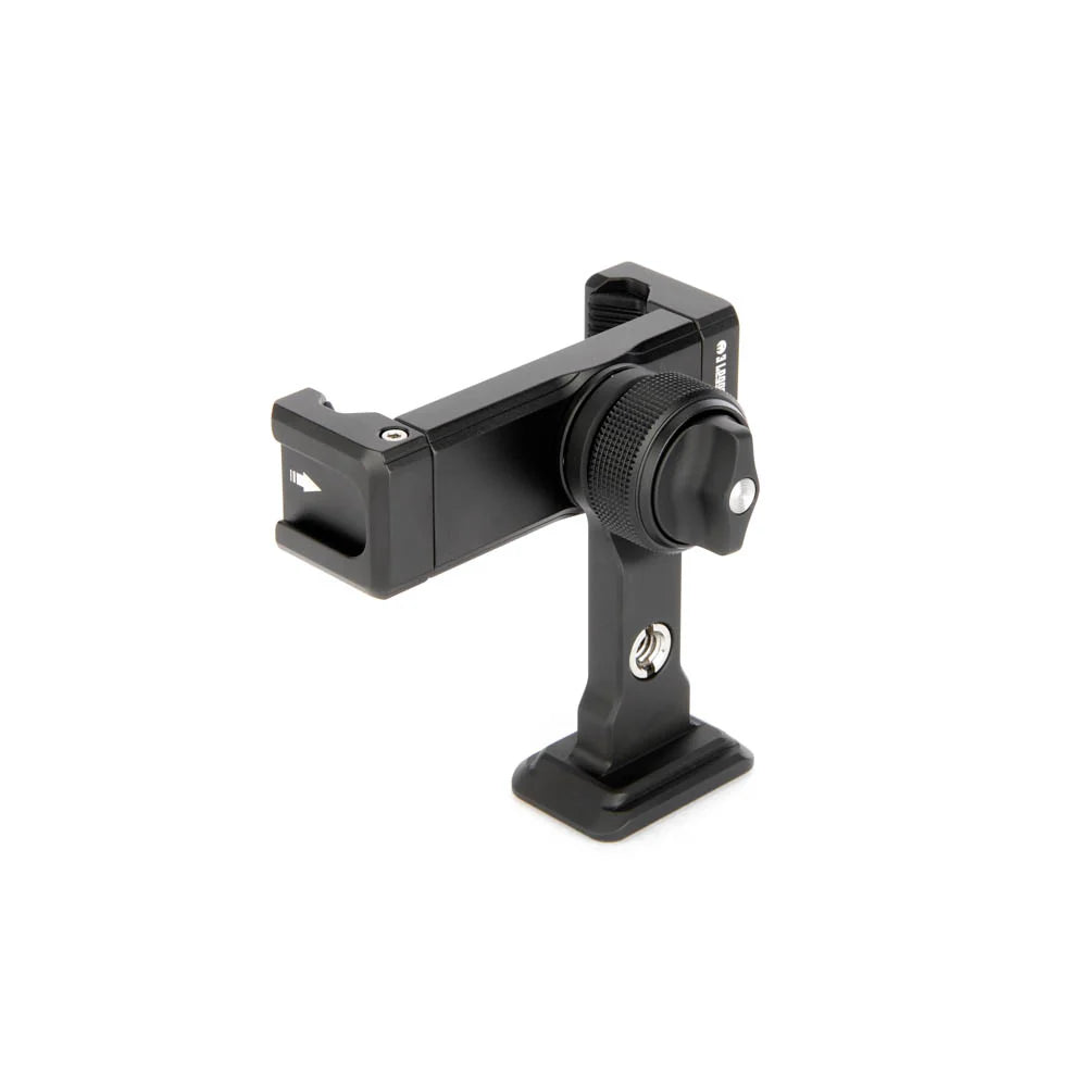 A black phone mount clamp, shown from a back angle on a clean white background.