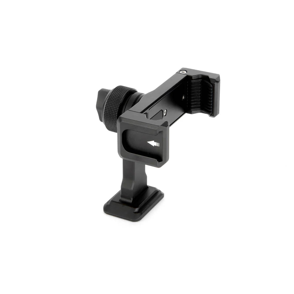 A black phone mount clamp, shown from a side angle on a clean white background.