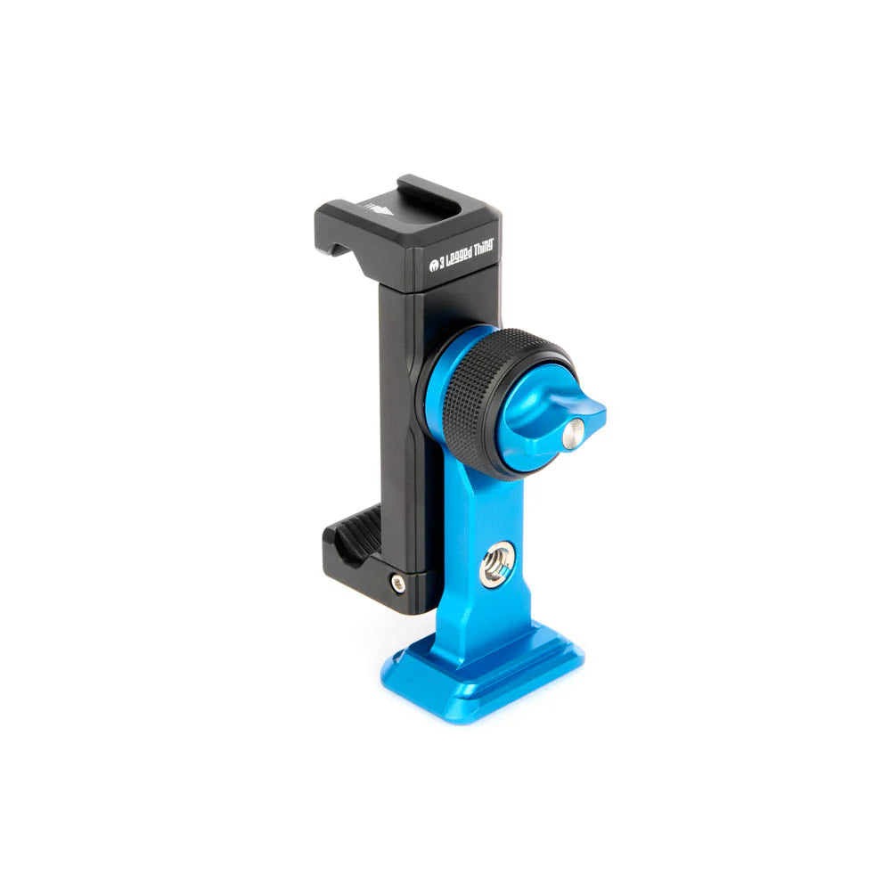 A black and blue phone mount clamp, shown from a back angle on a clean white background.