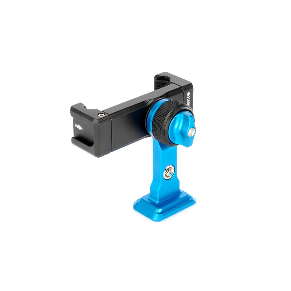 A black and blue phone mount clamp, shown from a back angle on a clean white background.