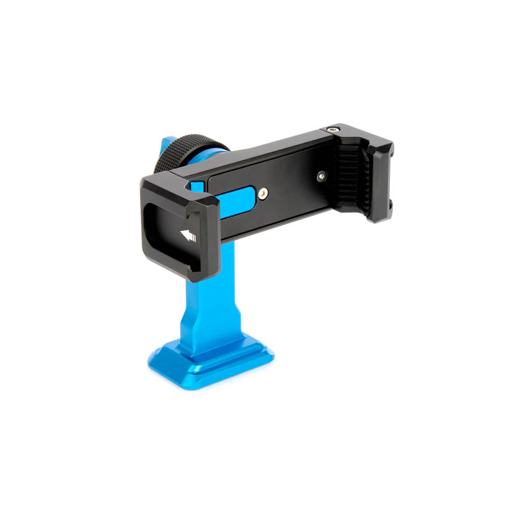 A blue and black metal phone mount bracket with a mounting base and adjustable clamp, shown on a plain white background.