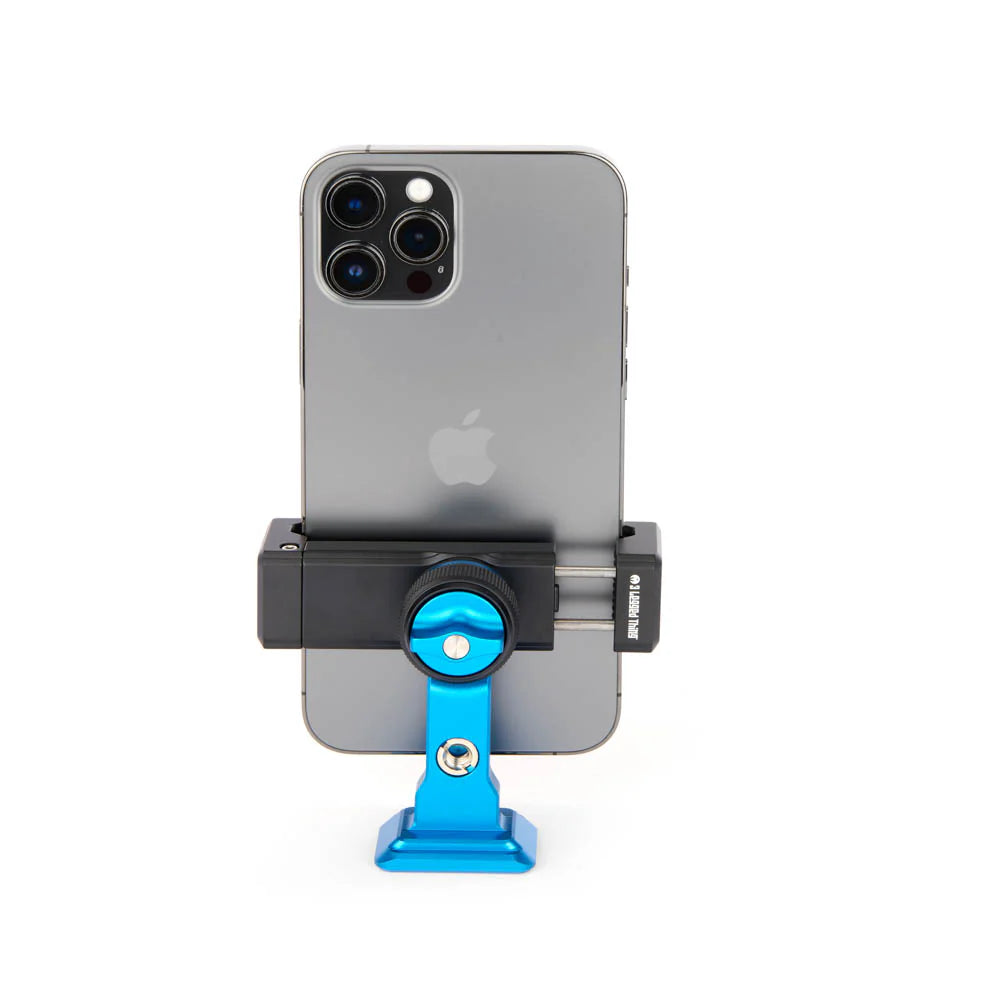 A black and blue phone mount holding a gray smartphone, shown against a plain white background.