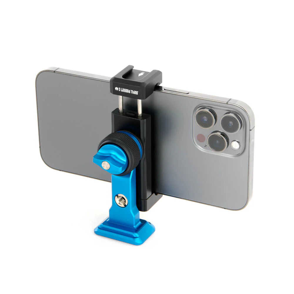 A blue and black phone mount clamp holding a gray smartphone, shown on a clean white background.