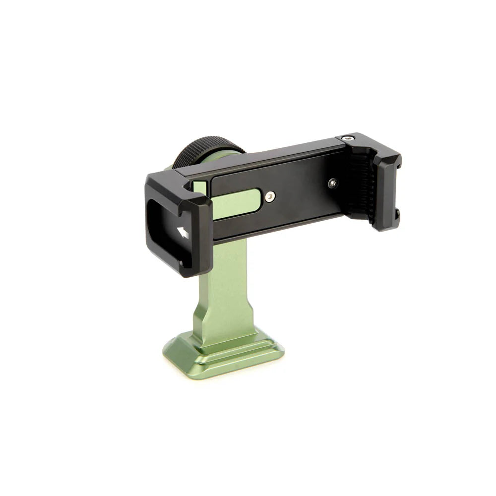 A green and black phone mounting bracket, shown from a front angle on a clean white background.