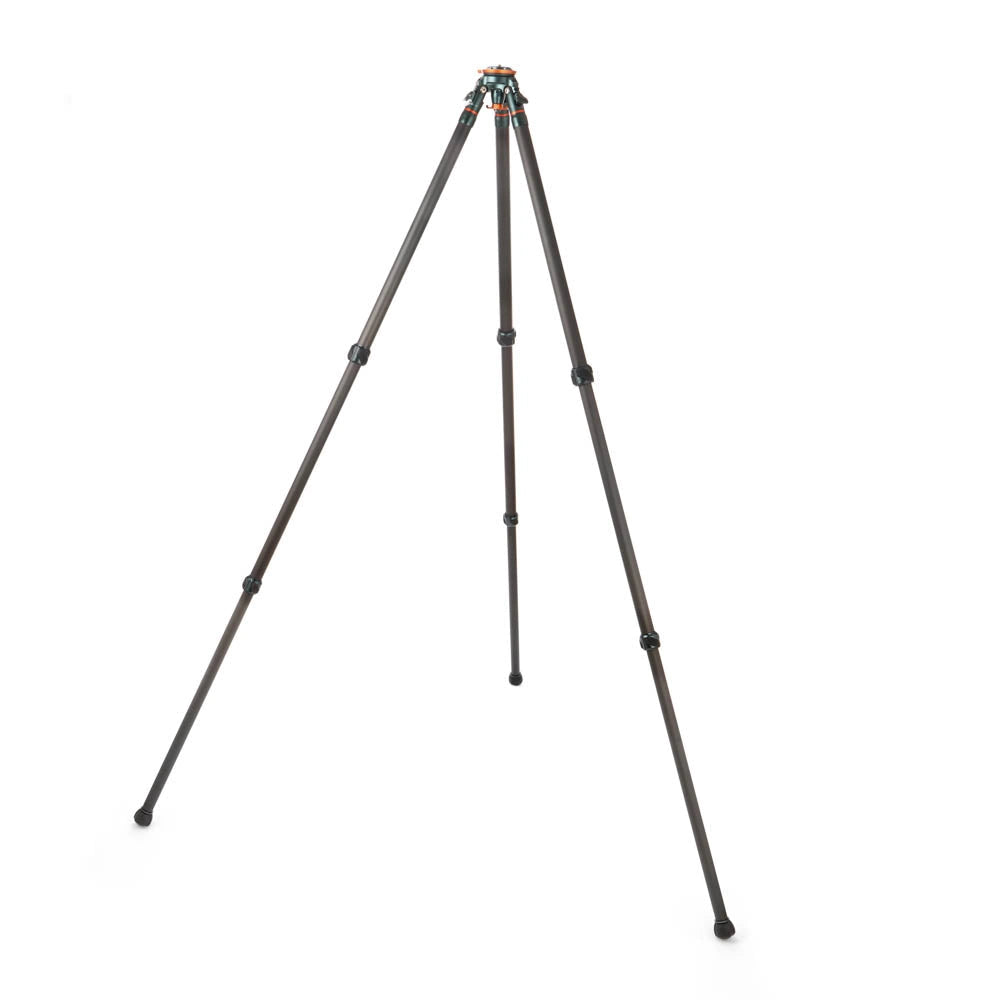 A three-legged tripod with dark gray carbon fiber legs and a black head, shown fully extended on a plain white background.